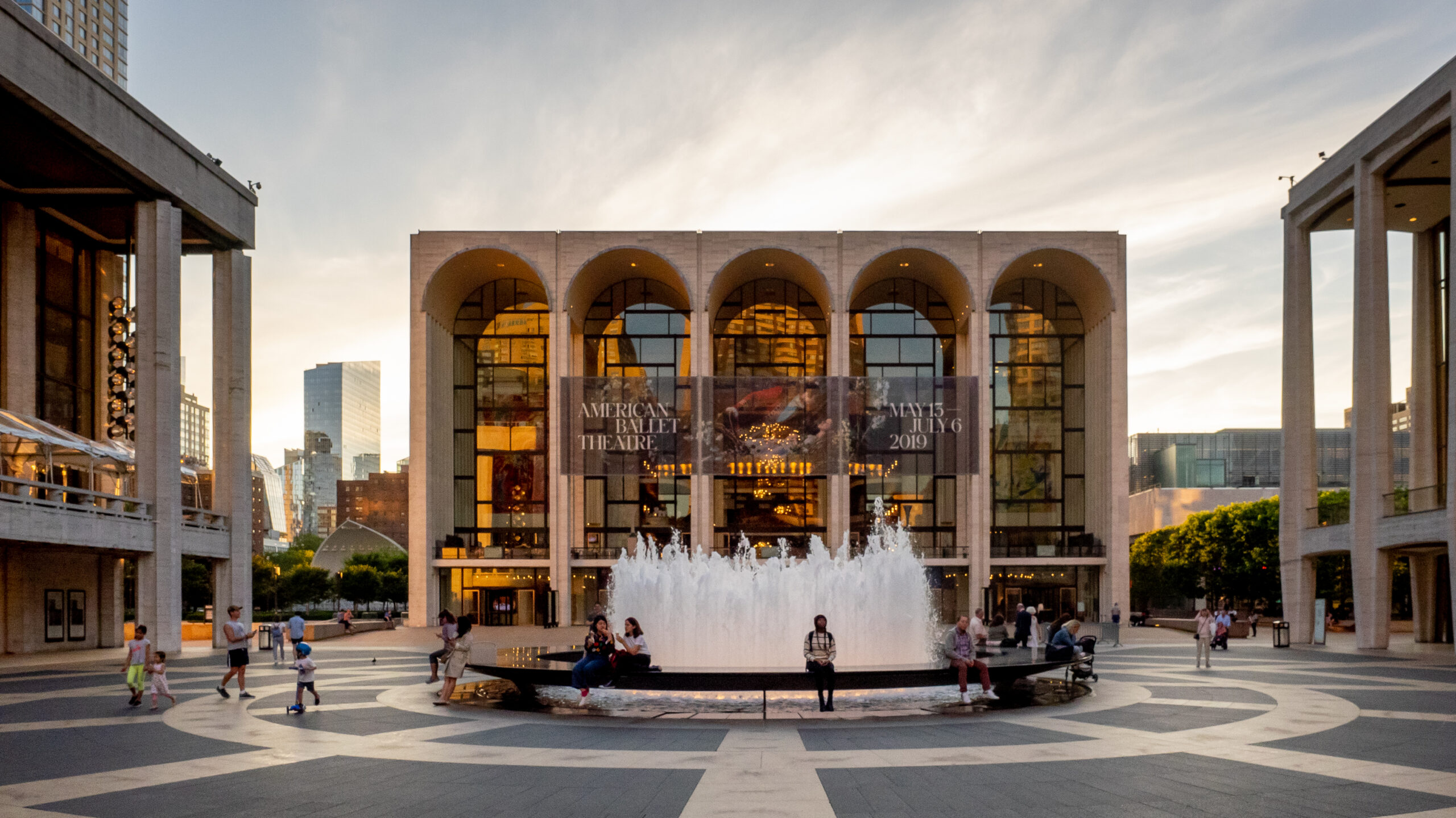 David H. Koch Theater on the left, Metropolitan Opera House  in front, and David Geffen Hall on the right